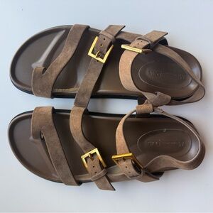 Massimo Dutti Tan Leather Sandals with Gold Buckles